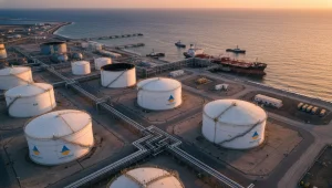 Cinematic, ultra-realistic photograph of an oil and gas terminal captured from a dynamic diagonal angle, partially from above and slightly off-center, creating a strong sense of depth and scale. Foreground shows massive storage tanks and curved pipelines leading the eye toward the sea, while a cargo vessel is docked mid-frame during loading operations. The terminal environment reflects advanced energy hubs such as Hamriyah (Sharjah) or Fujairah, with realistic port infrastructure and coastline visible. Golden-hour lighting with warm highlights and long shadows adds drama and visual interest, while maintaining an educational, non-promotional tone. Natural industrial realism, cinematic color grading, leading lines, high contrast, ultra-high resolution, visually engaging but informative.