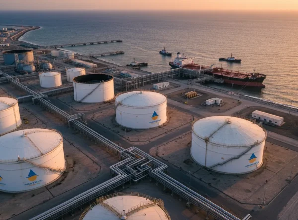 Cinematic, ultra-realistic photograph of an oil and gas terminal captured from a dynamic diagonal angle, partially from above and slightly off-center, creating a strong sense of depth and scale. Foreground shows massive storage tanks and curved pipelines leading the eye toward the sea, while a cargo vessel is docked mid-frame during loading operations. The terminal environment reflects advanced energy hubs such as Hamriyah (Sharjah) or Fujairah, with realistic port infrastructure and coastline visible. Golden-hour lighting with warm highlights and long shadows adds drama and visual interest, while maintaining an educational, non-promotional tone. Natural industrial realism, cinematic color grading, leading lines, high contrast, ultra-high resolution, visually engaging but informative.