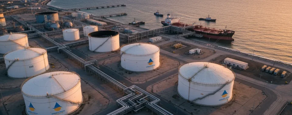 Cinematic, ultra-realistic photograph of an oil and gas terminal captured from a dynamic diagonal angle, partially from above and slightly off-center, creating a strong sense of depth and scale. Foreground shows massive storage tanks and curved pipelines leading the eye toward the sea, while a cargo vessel is docked mid-frame during loading operations. The terminal environment reflects advanced energy hubs such as Hamriyah (Sharjah) or Fujairah, with realistic port infrastructure and coastline visible. Golden-hour lighting with warm highlights and long shadows adds drama and visual interest, while maintaining an educational, non-promotional tone. Natural industrial realism, cinematic color grading, leading lines, high contrast, ultra-high resolution, visually engaging but informative.
